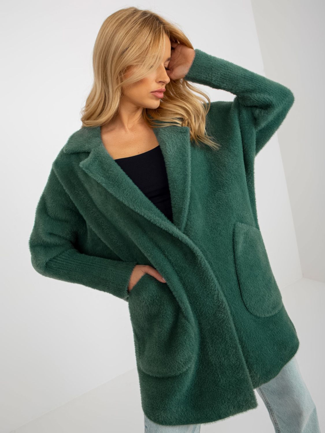 Loose Dark Green Alpaca Coat with Pockets