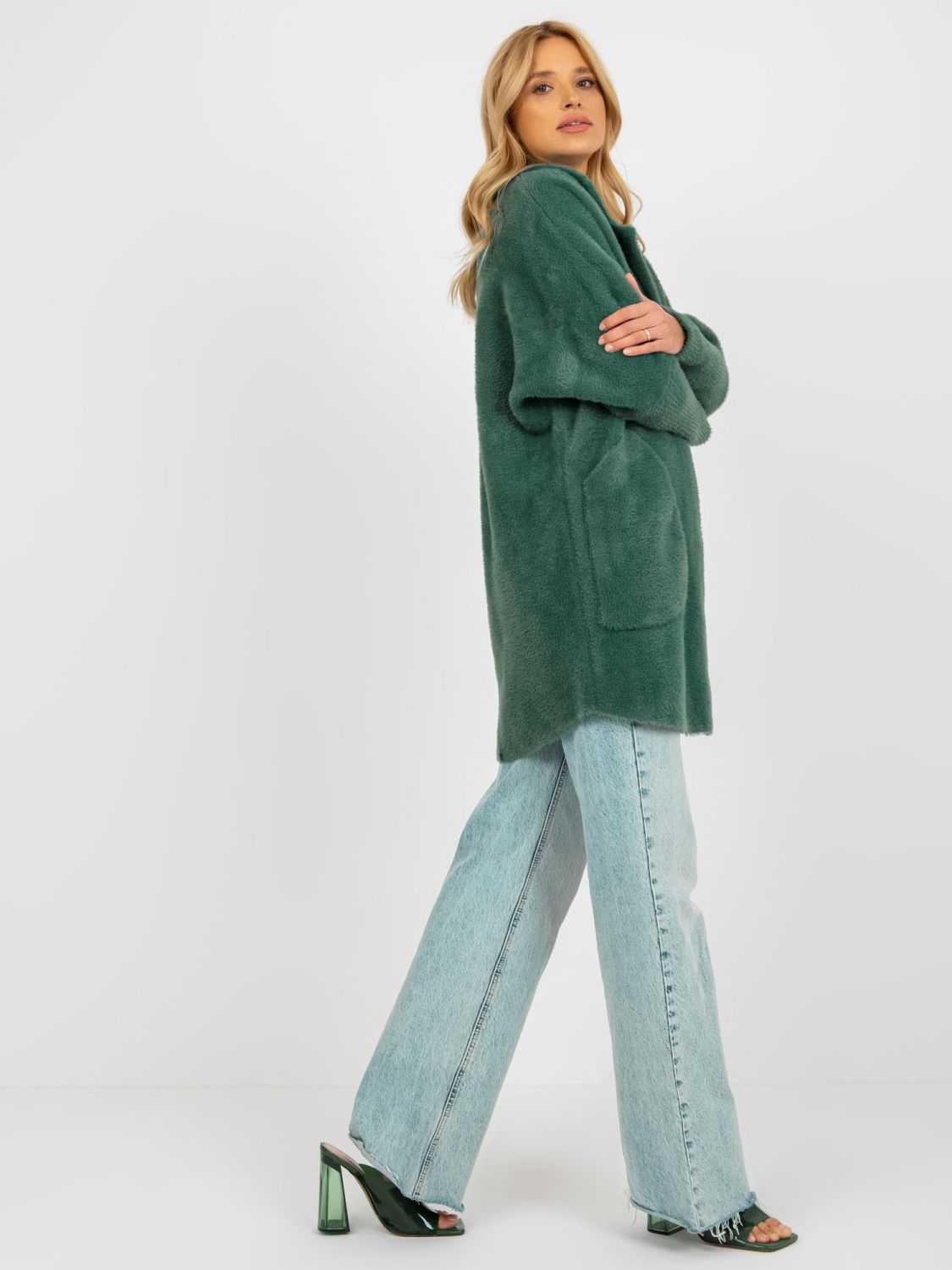 Loose Dark Green Alpaca Coat with Pockets