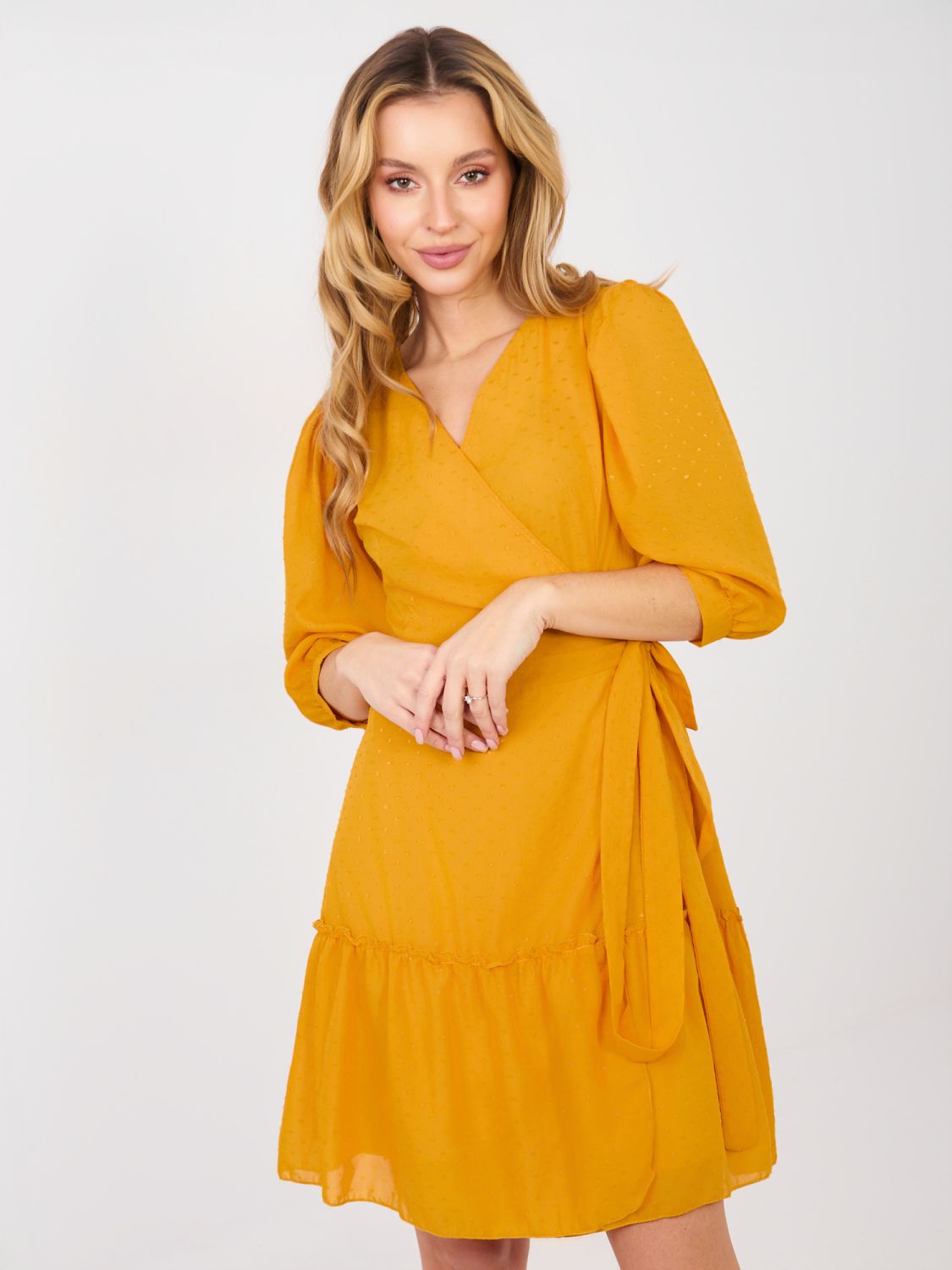 Yellow Wrap Cocktail Dress with Ruffle