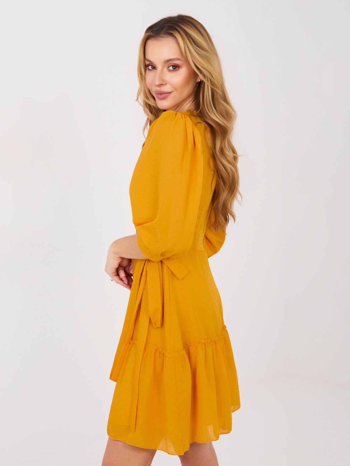 Yellow Wrap Cocktail Dress with Ruffle