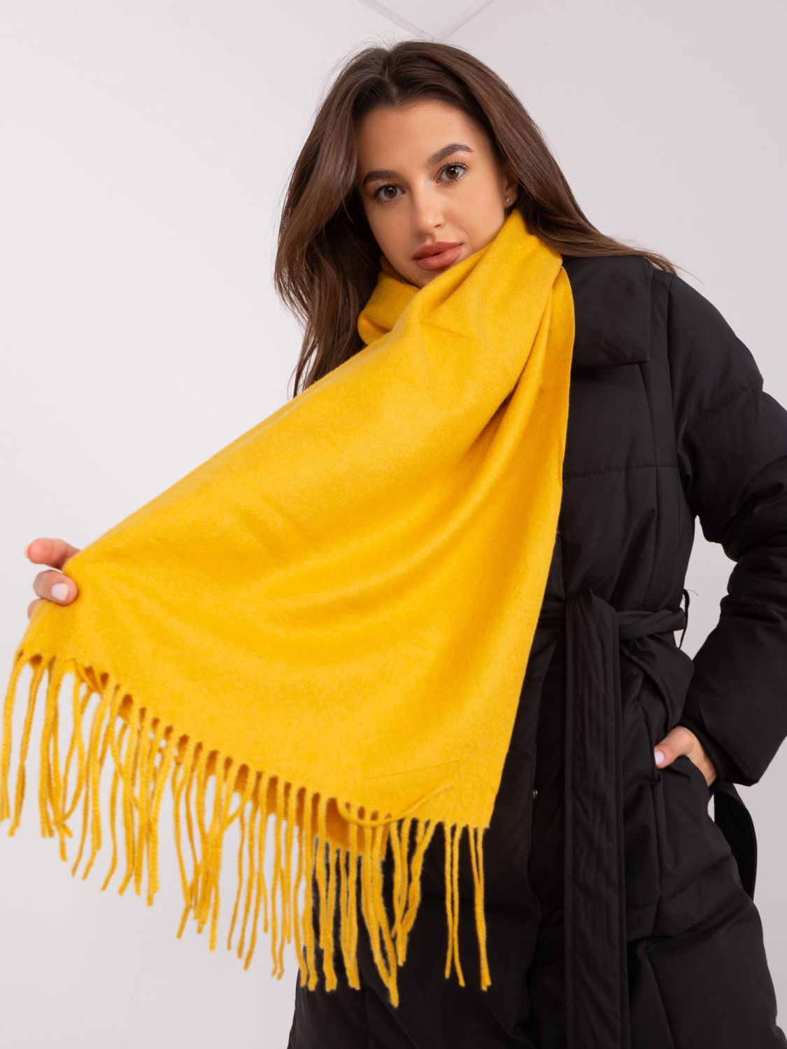 Wide Dark Yellow Scarf with Fringes