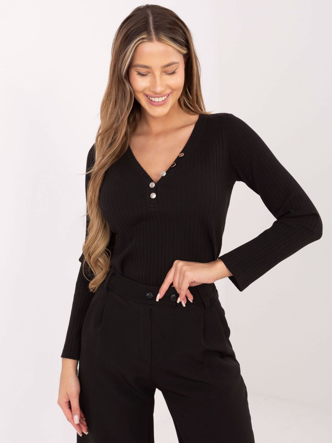 Black ribbed blouse with V-neck and buttons