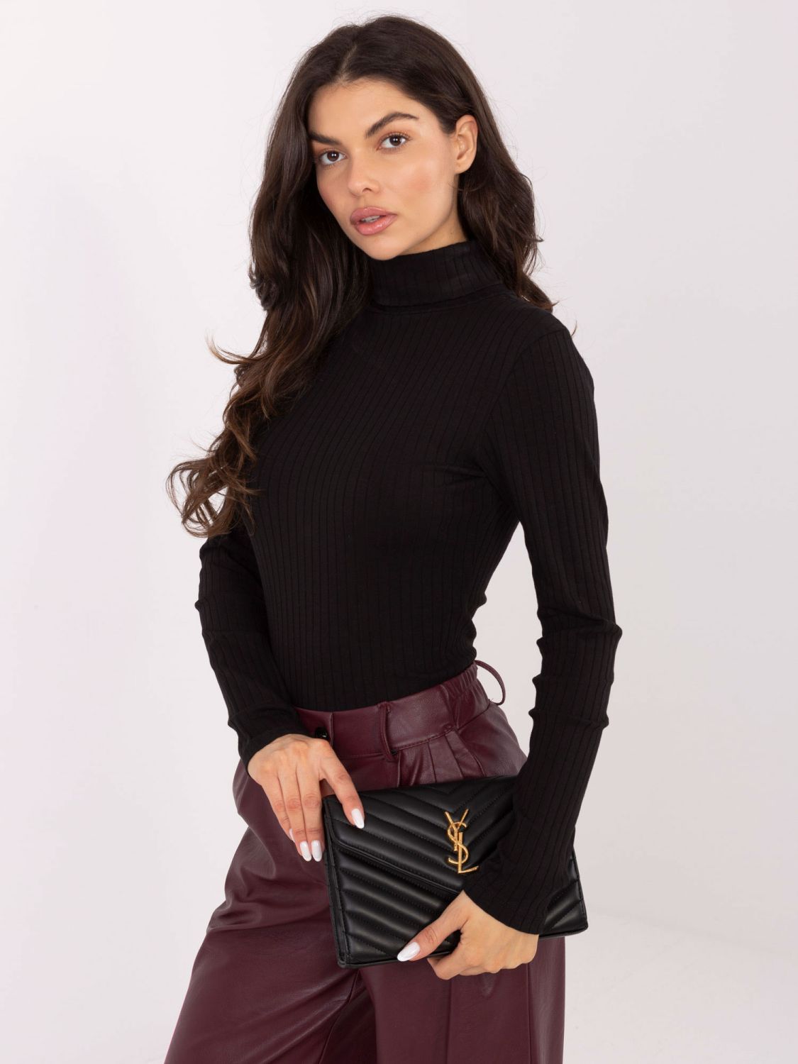 Black Ribbed Turtleneck Blouse