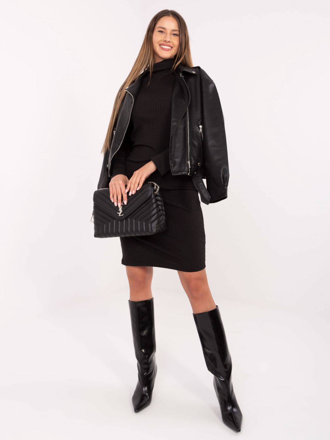 Black Ribbed Pencil Dress with Turtleneck