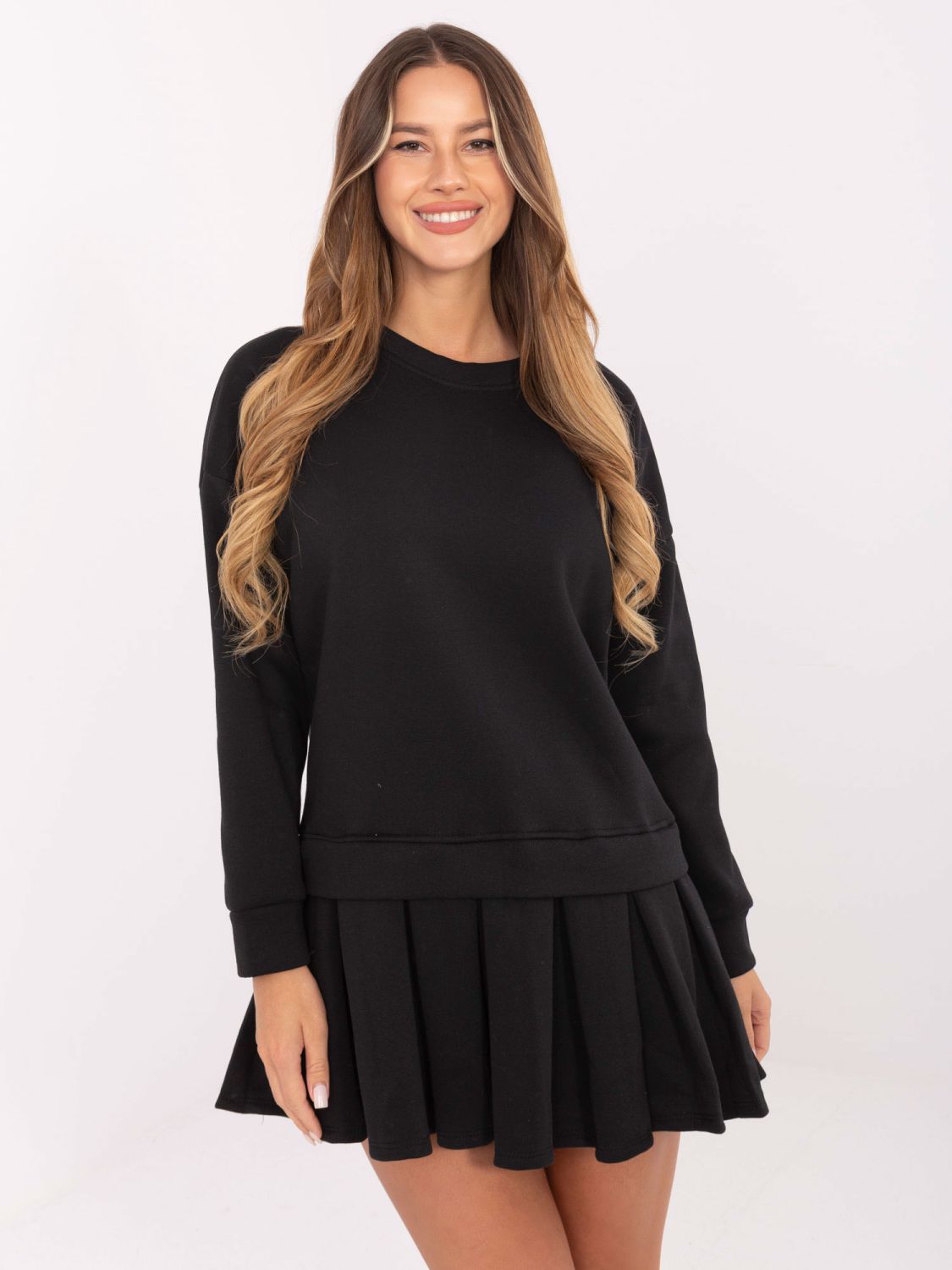 Black flared sweatshirt dress with long sleeves