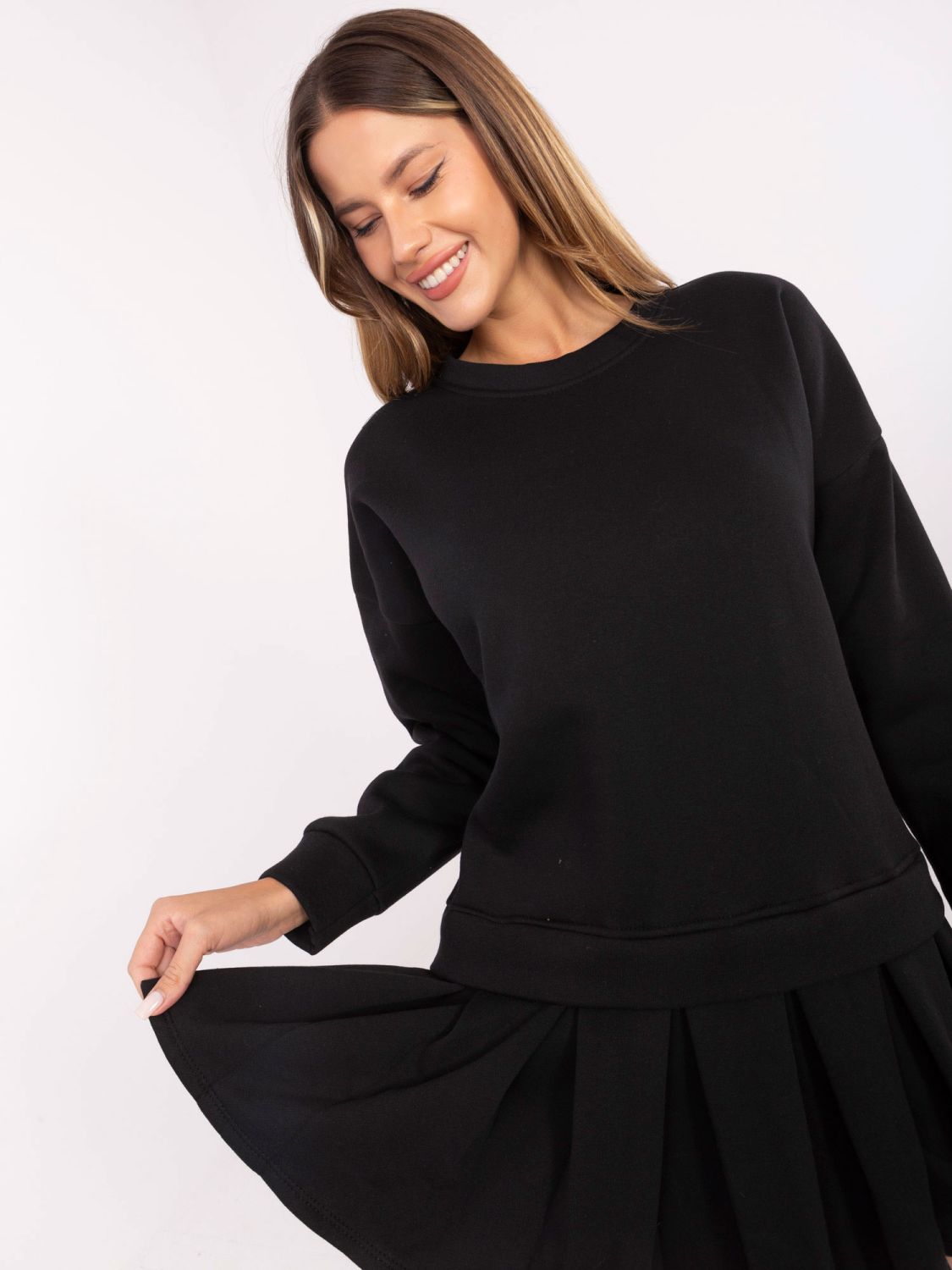 Black flared sweatshirt dress with long sleeves