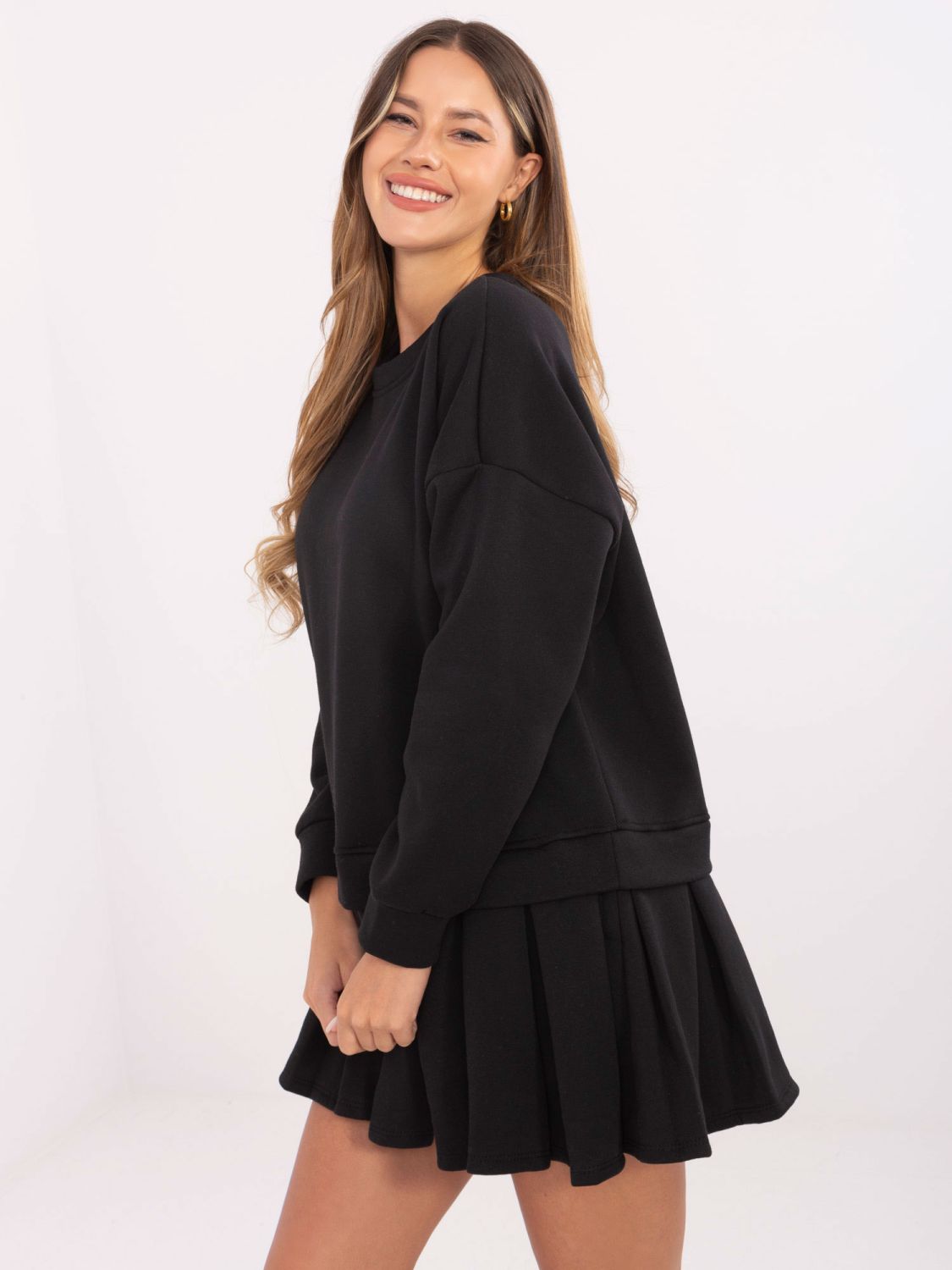 Black flared sweatshirt dress with long sleeves