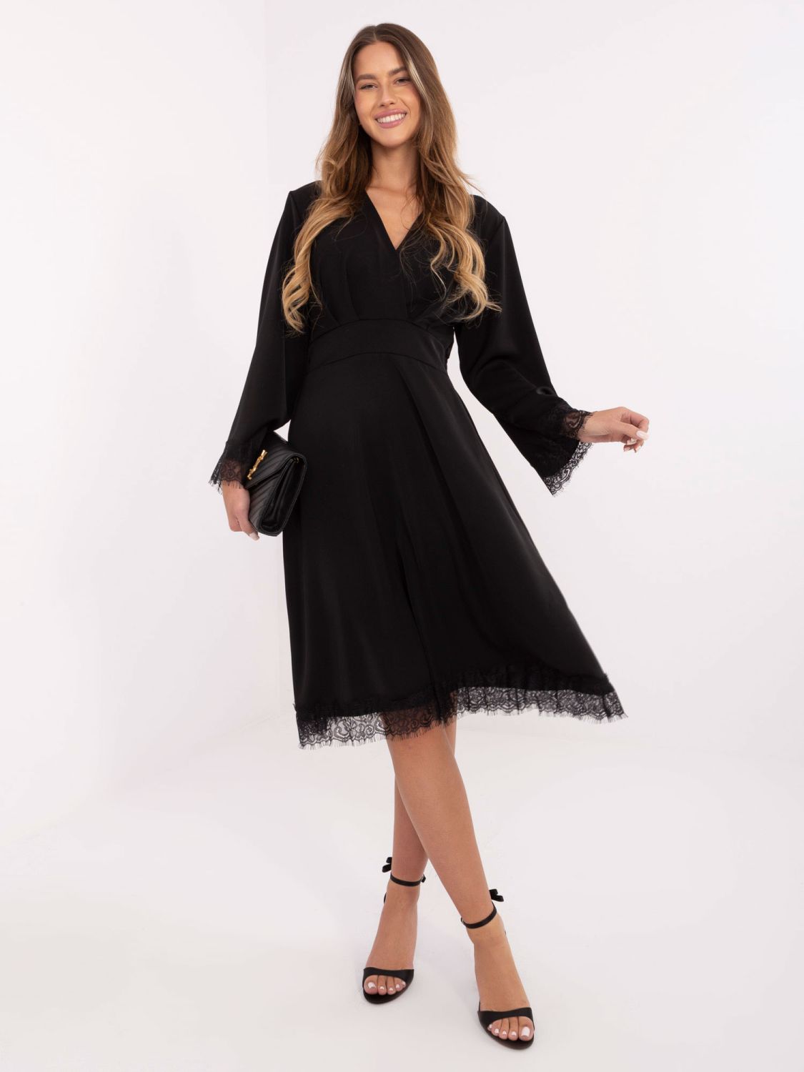Elegant black midi dress with lace and wrap neckline