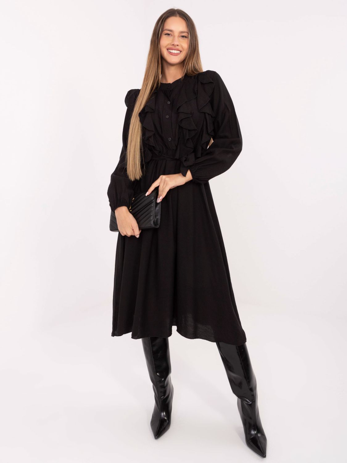 Black midi shirt dress with ruffles and belt
