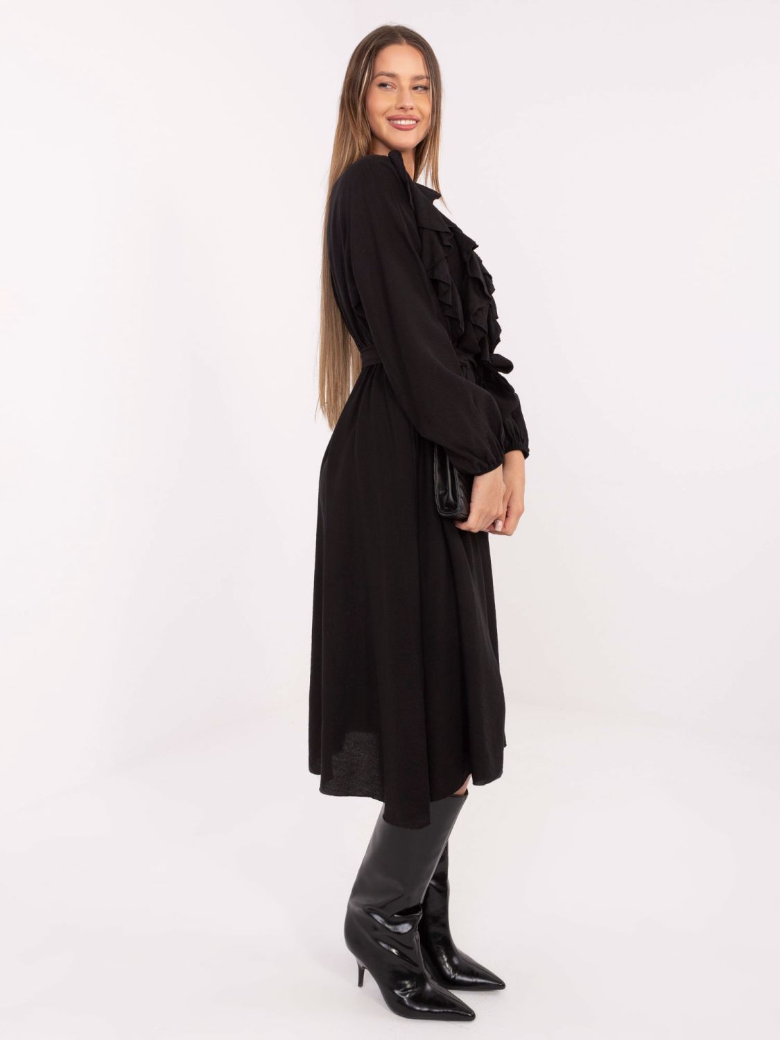 Black midi shirt dress with ruffles and belt