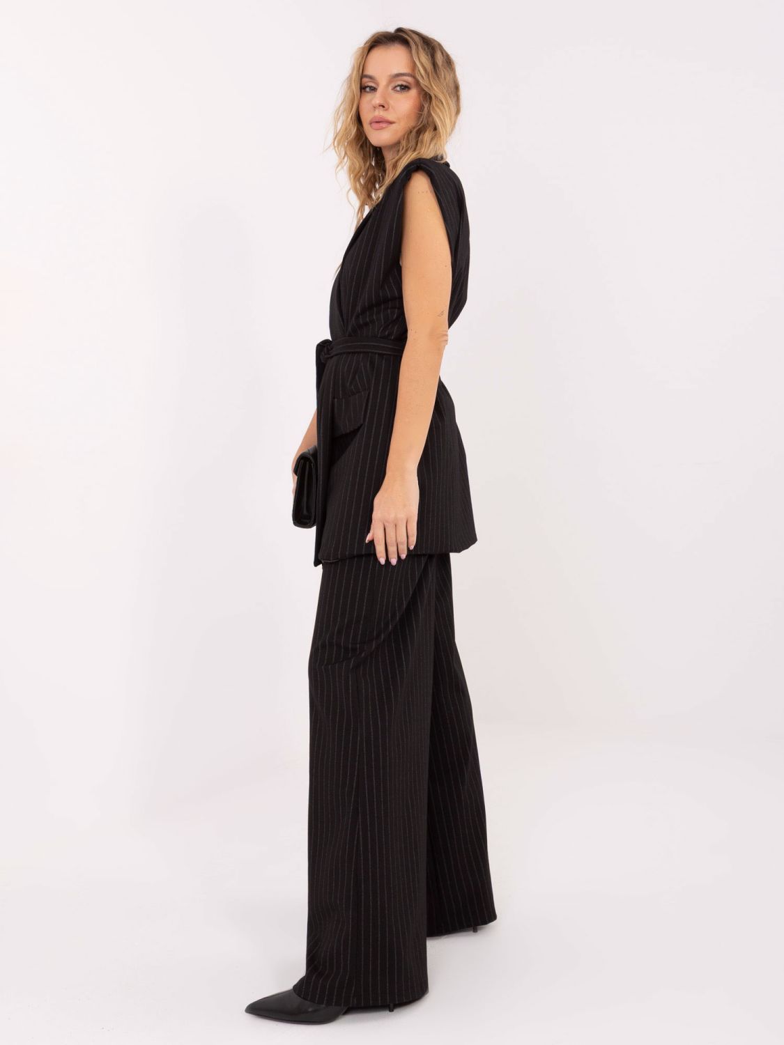Elegant black striped vest with belt