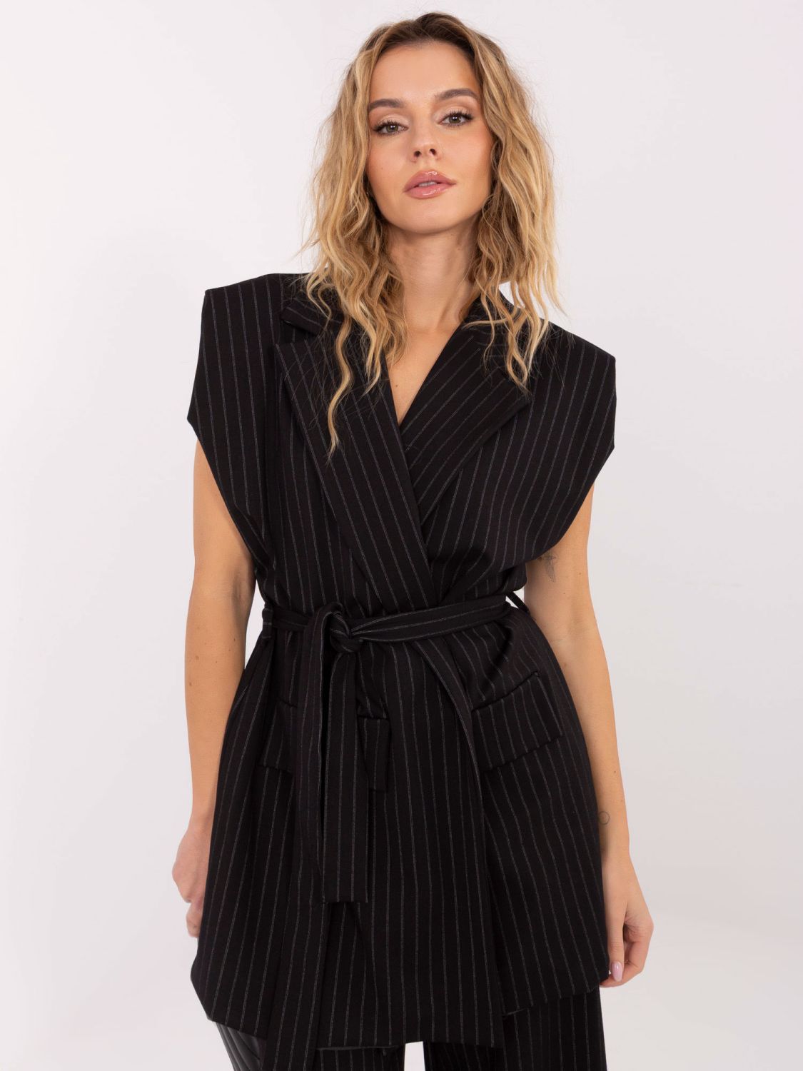 Elegant black striped vest with belt