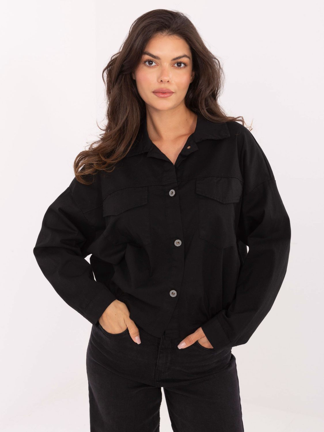 Black cotton shirt with pockets and collar