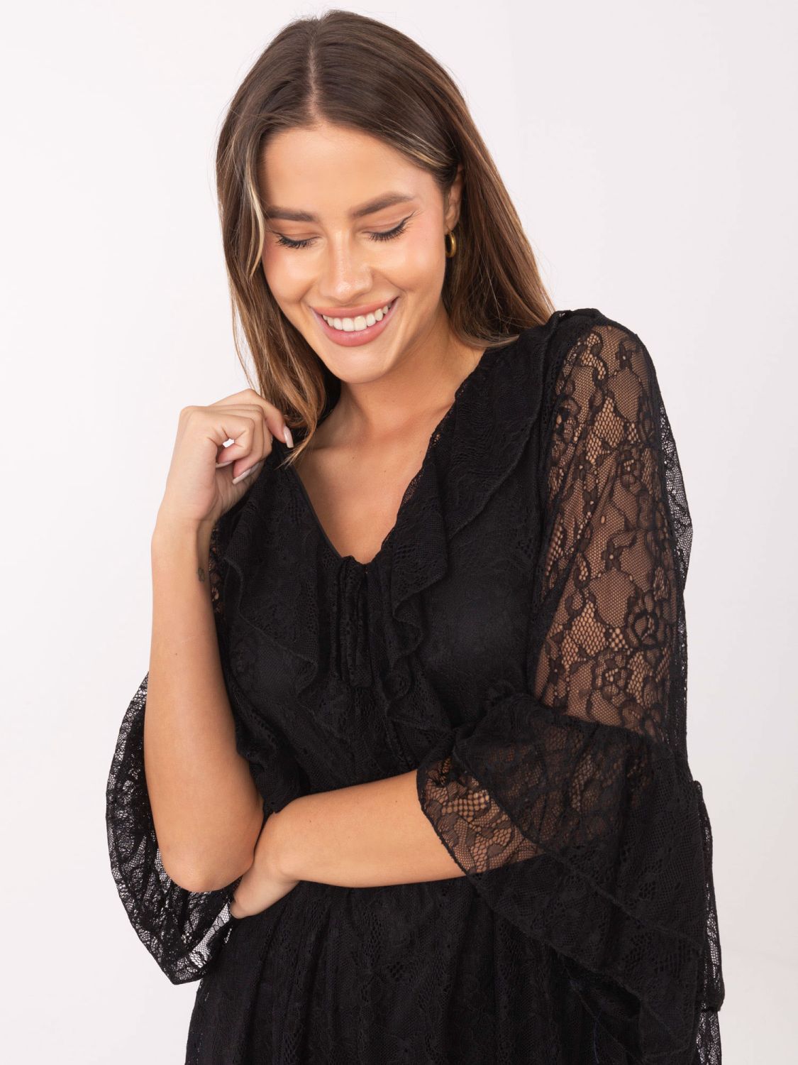 Black flared mini dress with lace and lacing