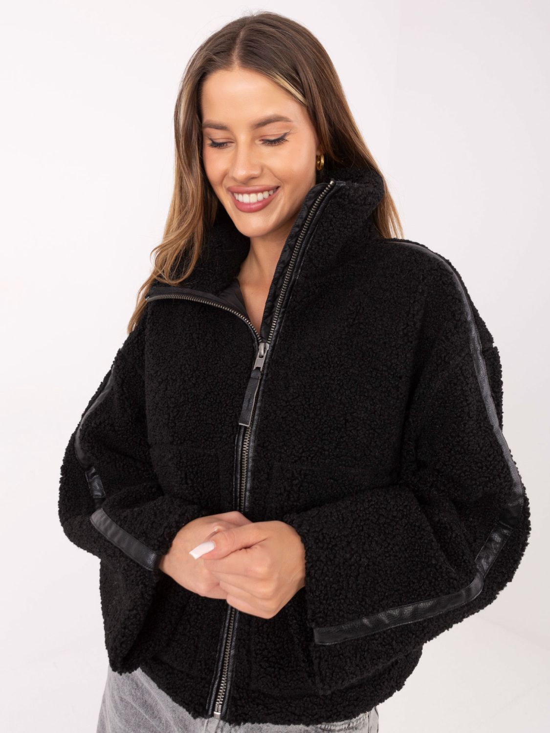 Short black faux fur jacket without hood