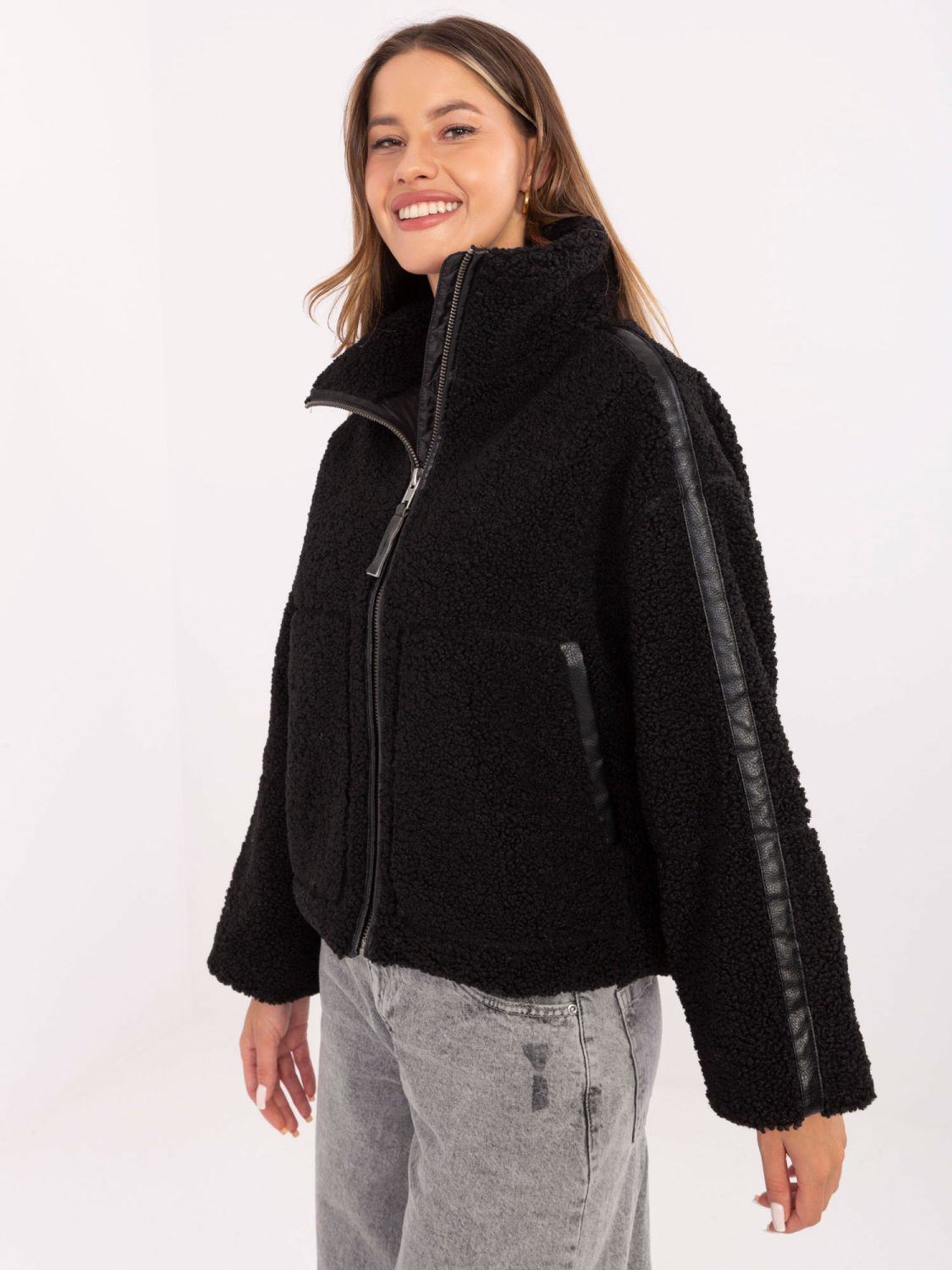 Short black faux fur jacket without hood