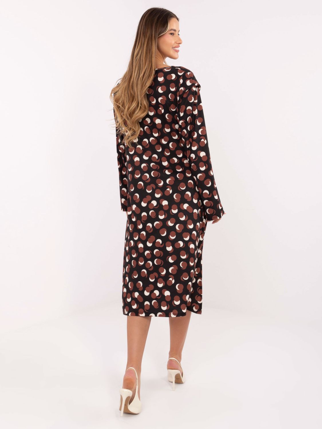 Black midi dress with geometric pattern and ruching