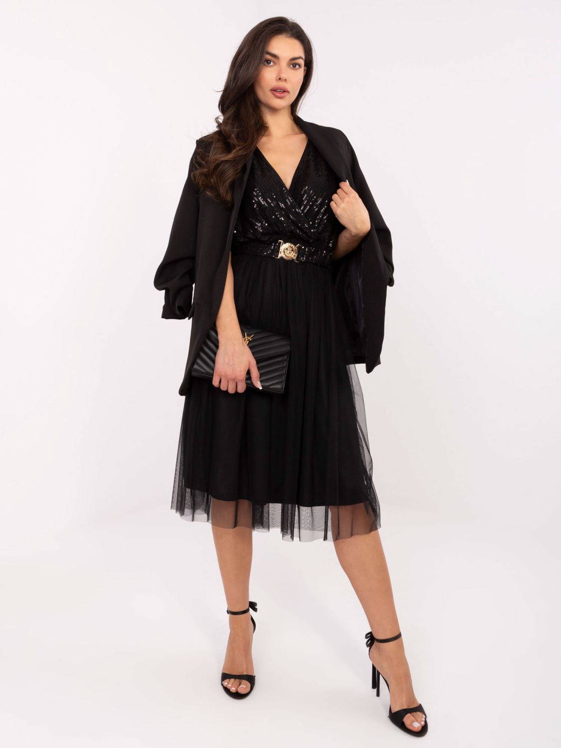 Black midi dress with belt and sequin detail