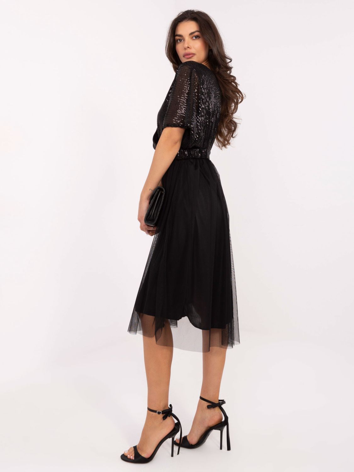 Black midi dress with belt and sequin detail