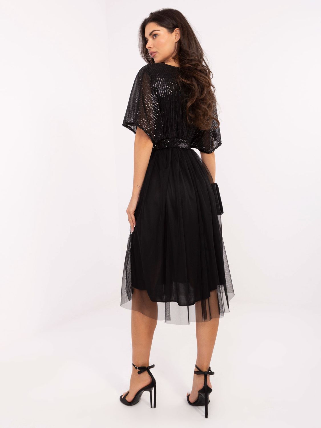 Black midi dress with belt and sequin detail