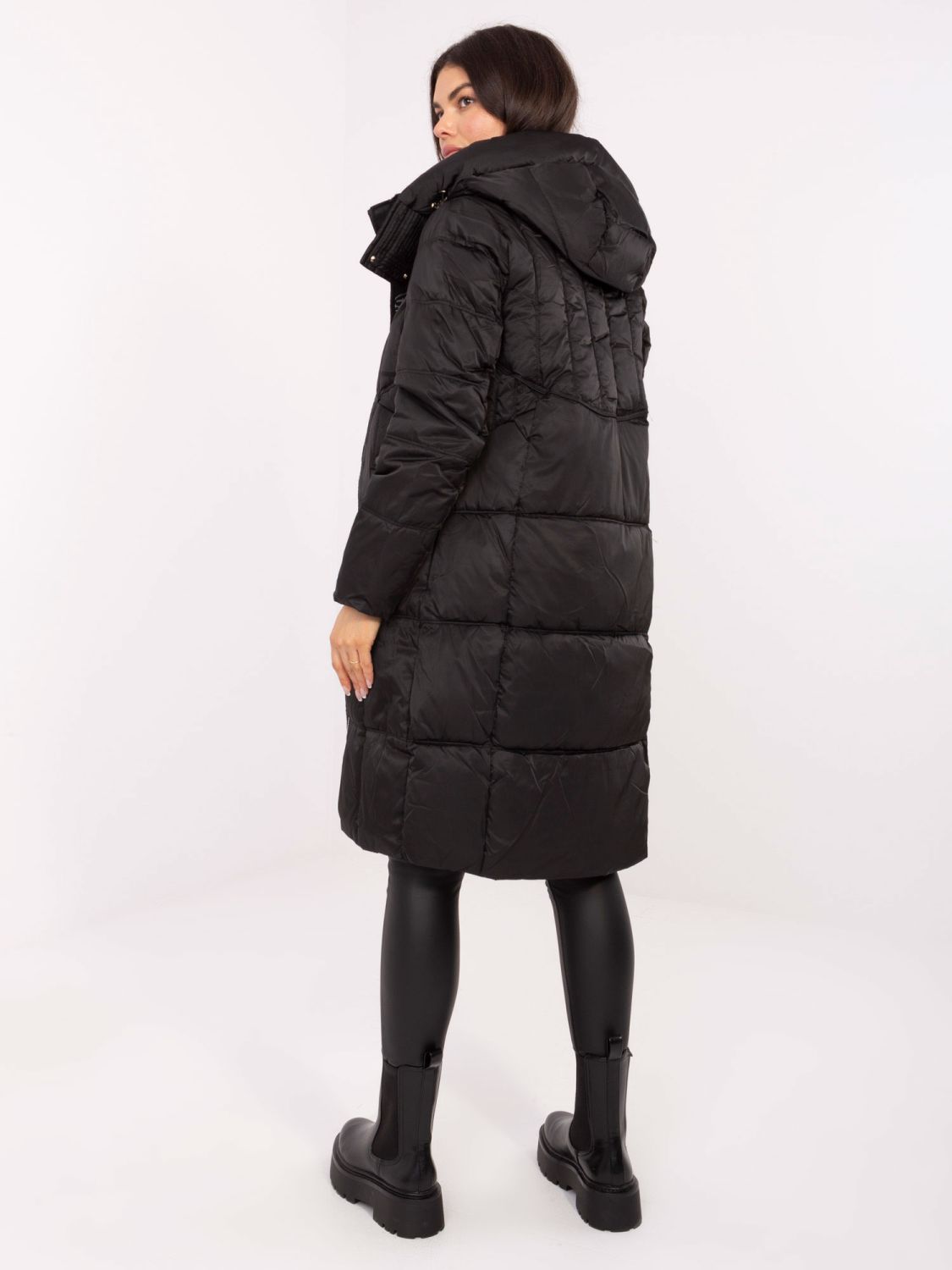 Long black quilted coat with hood