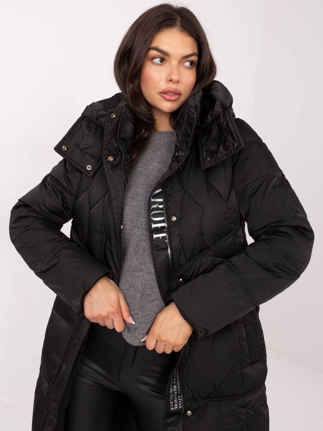 Long black quilted coat with hood
