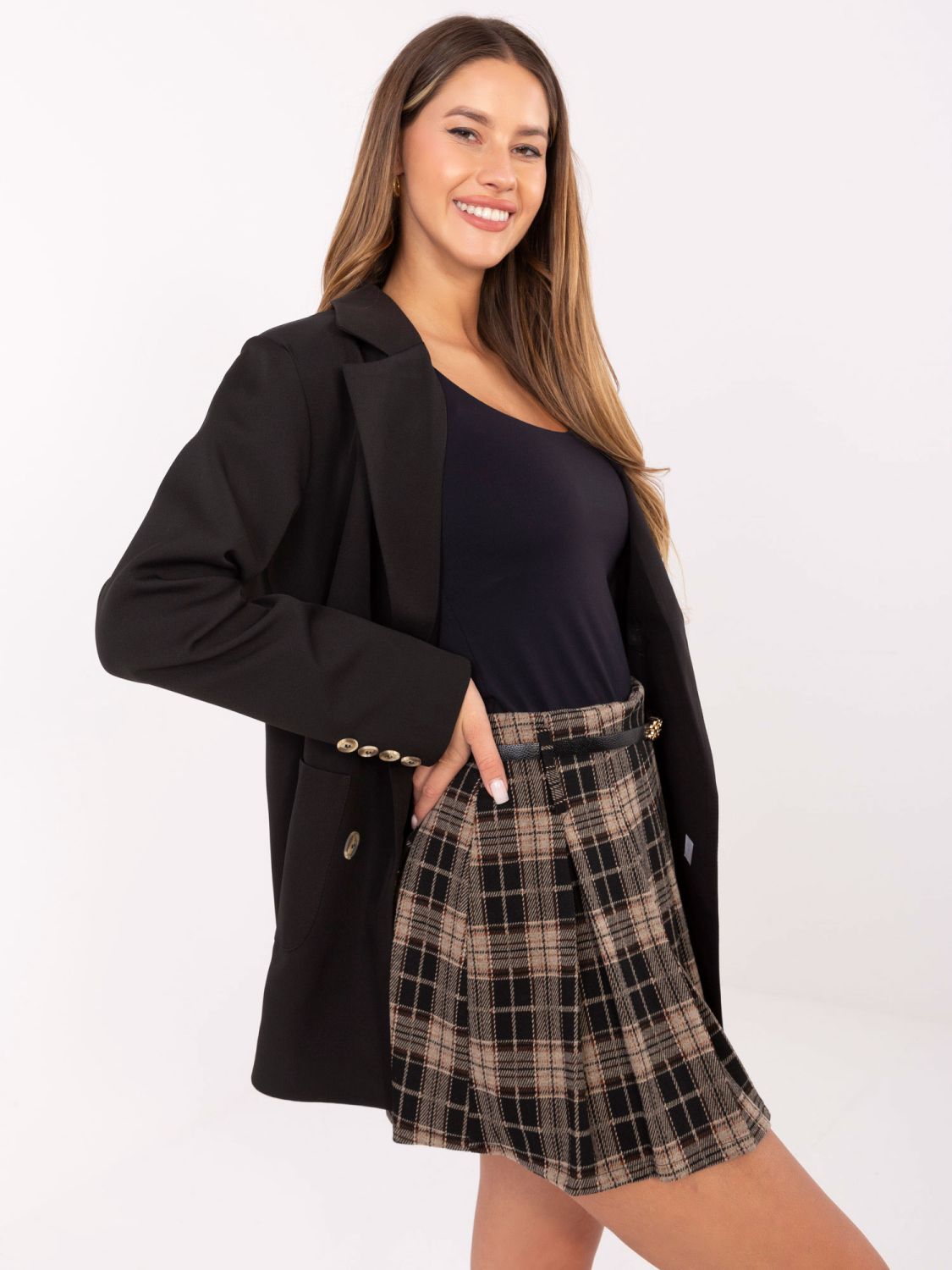 Black plaid mini skirt with belt