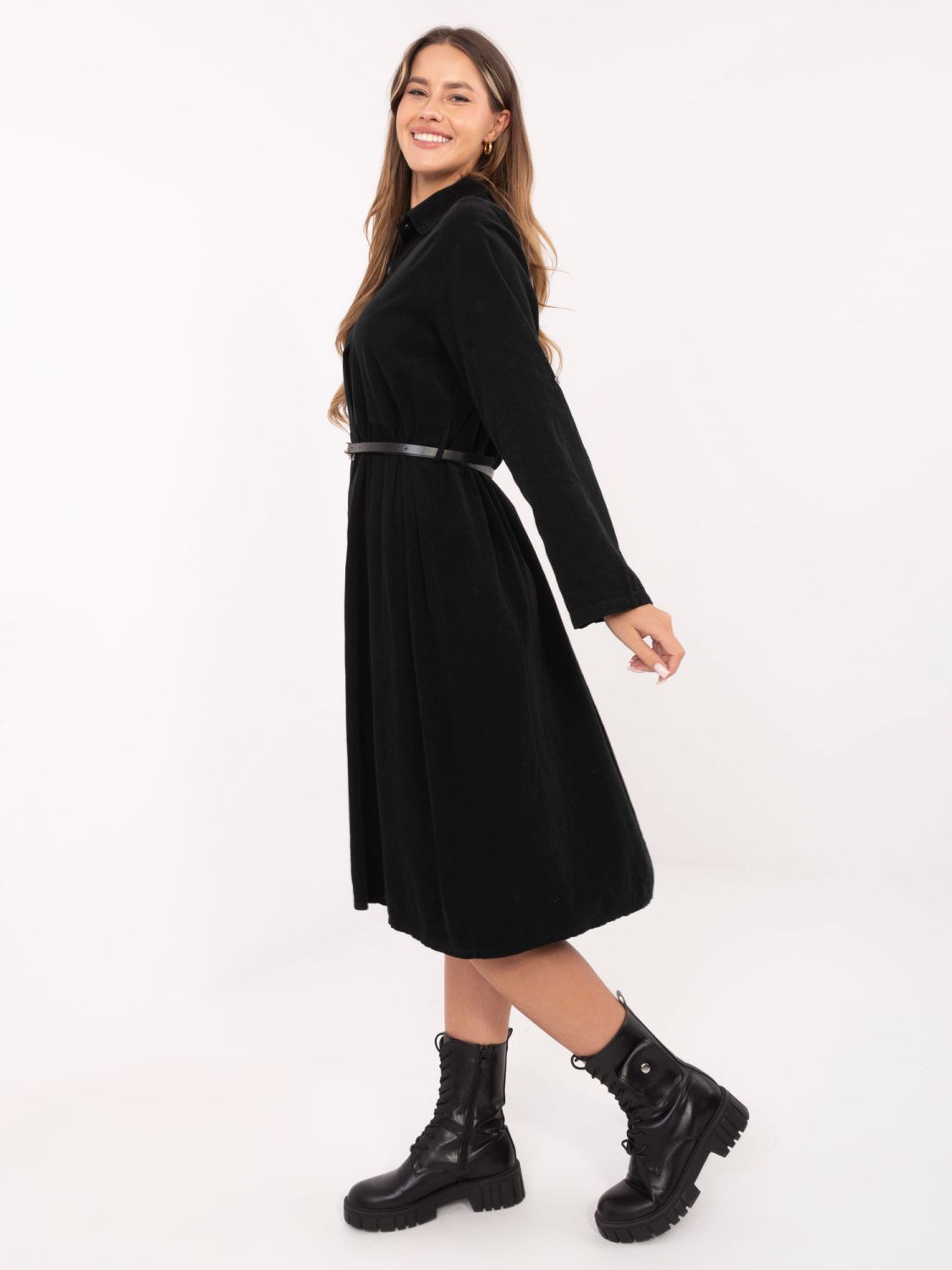 Black Shirt Midi Dress with Belt