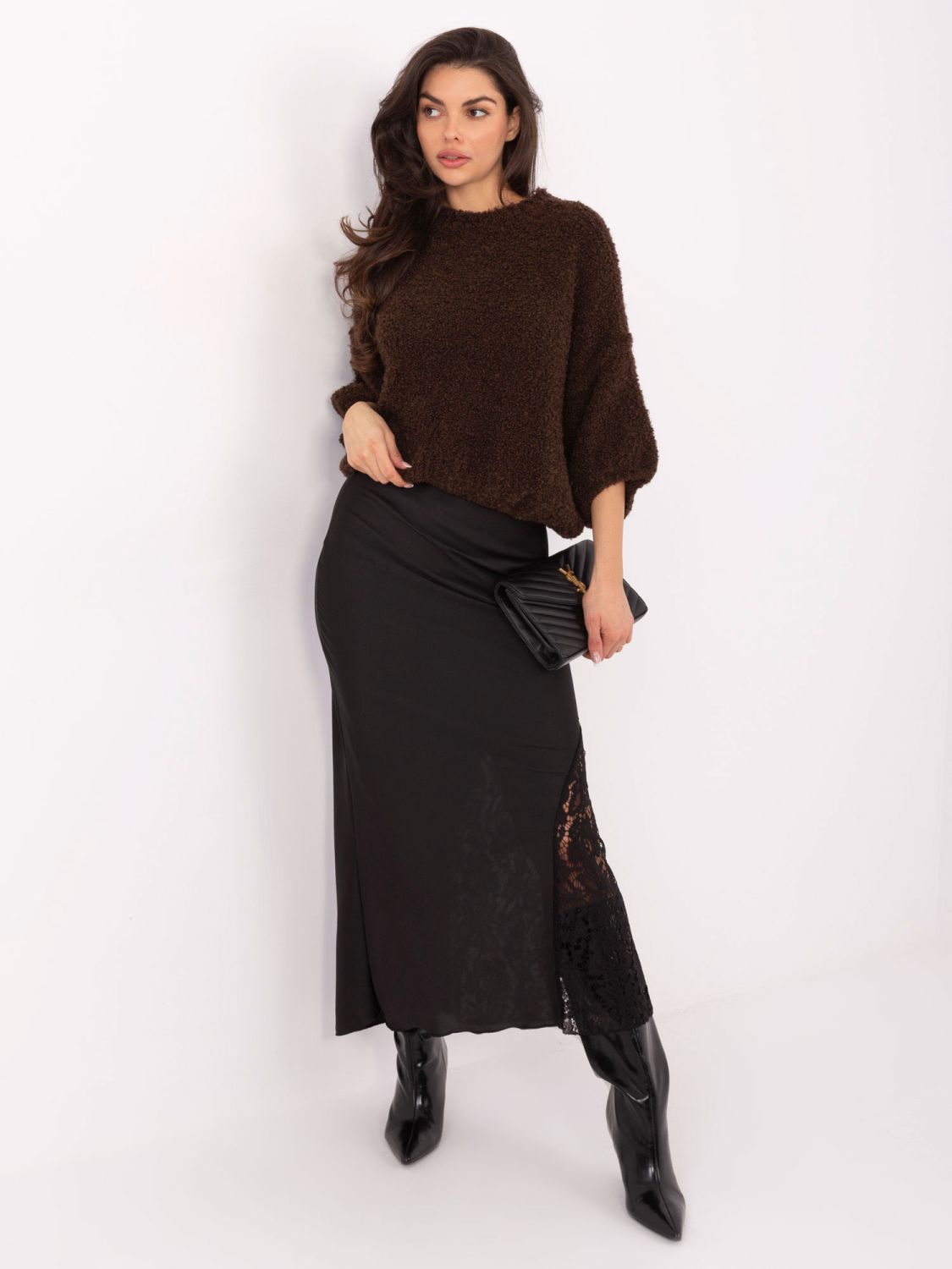 Black midi skirt with lace and textured fabric