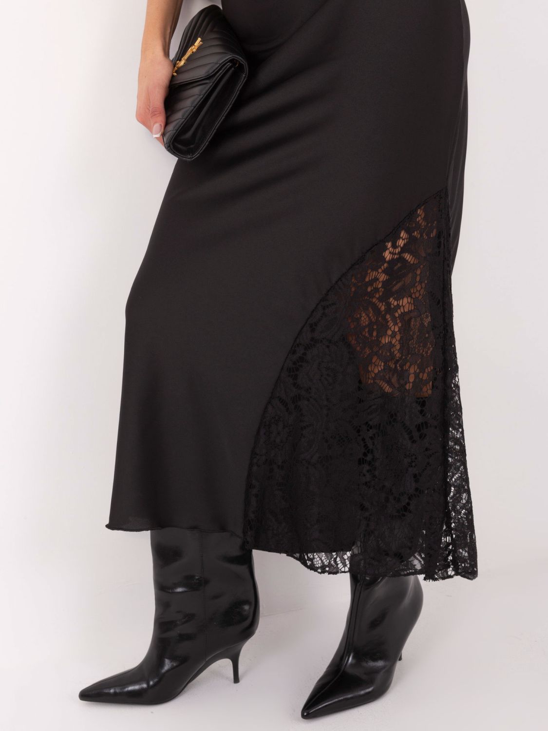 Black midi skirt with lace and textured fabric