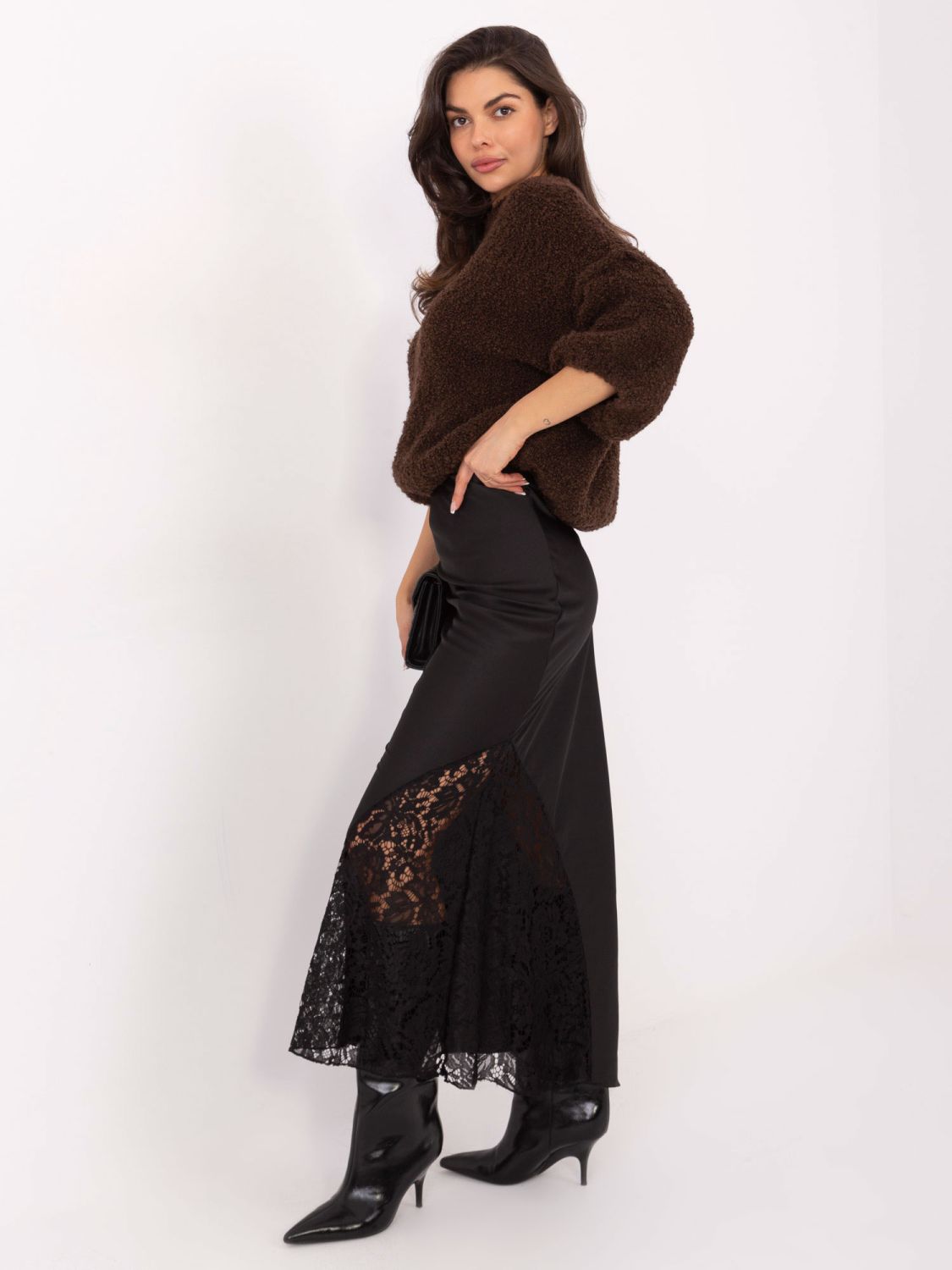 Black midi skirt with lace and textured fabric
