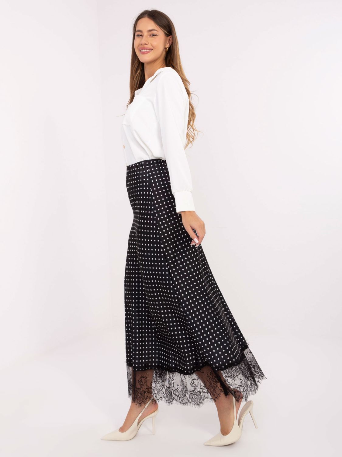 Black Polka Dot Midi Skirt with Lace