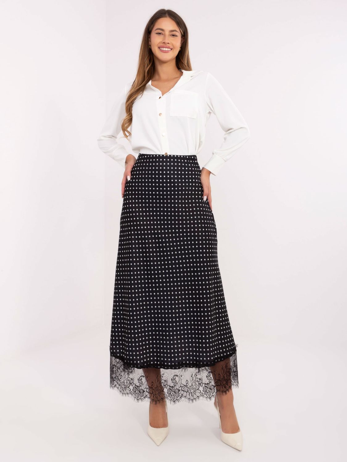 Black Polka Dot Midi Skirt with Lace