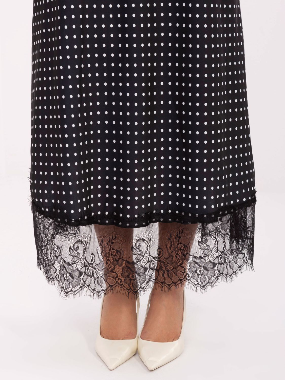 Black Polka Dot Midi Skirt with Lace