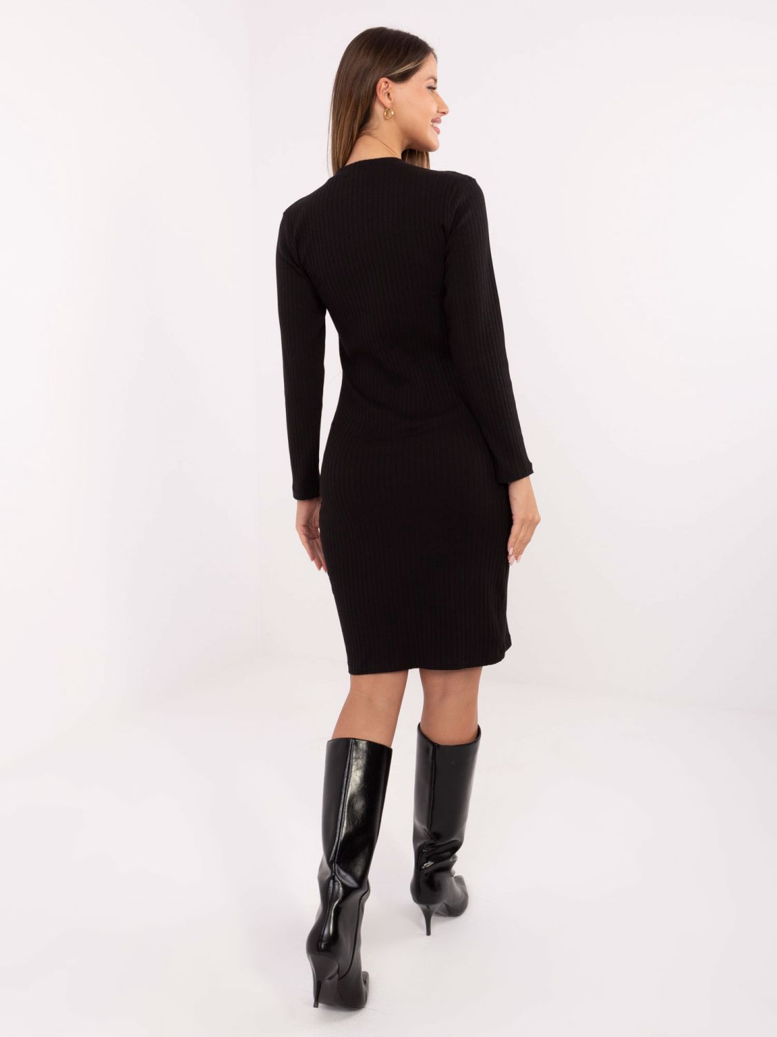 Black ribbed pencil dress with long sleeves
