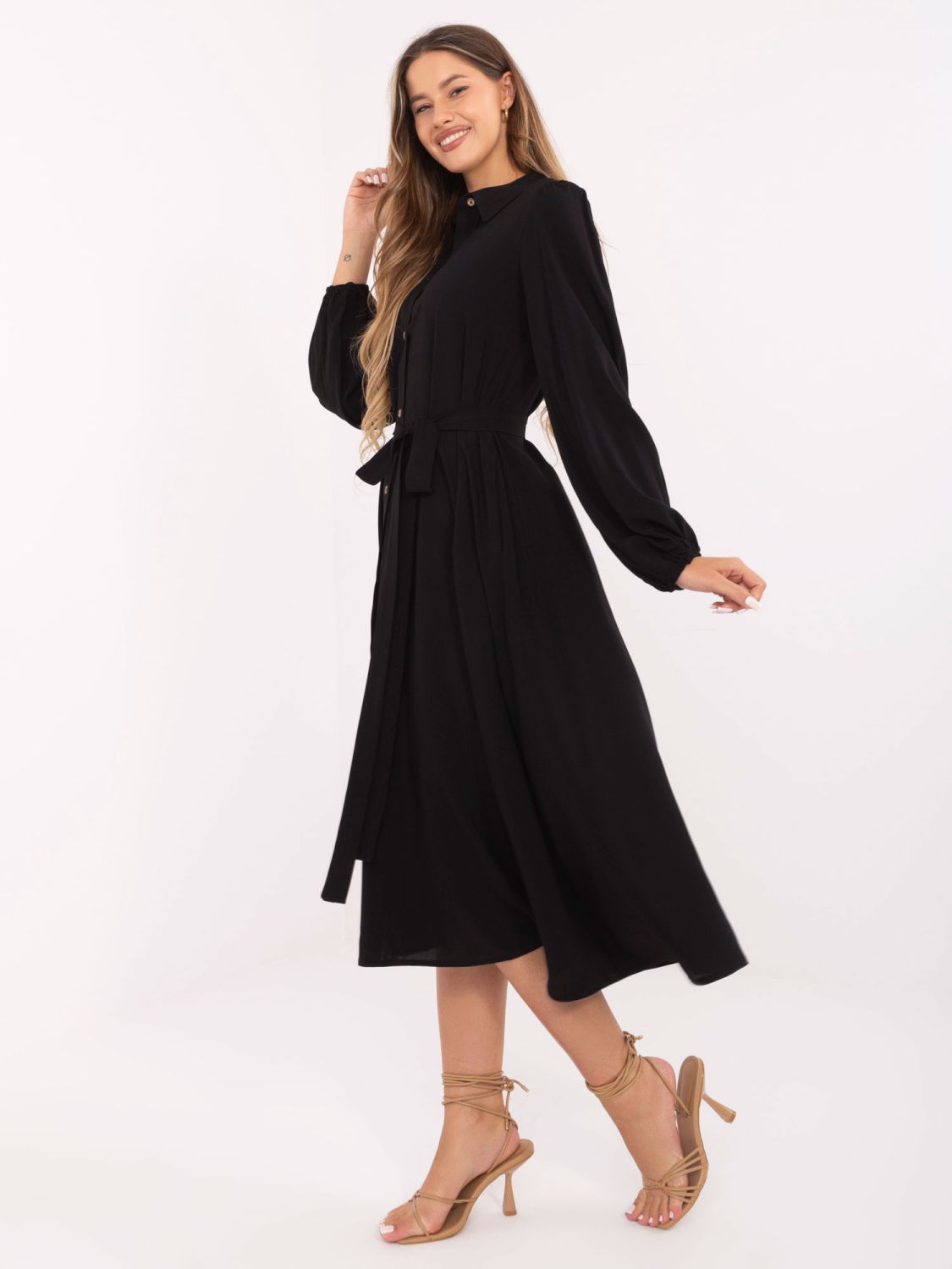 Elegant Black Midi Dress with Long Sleeves
