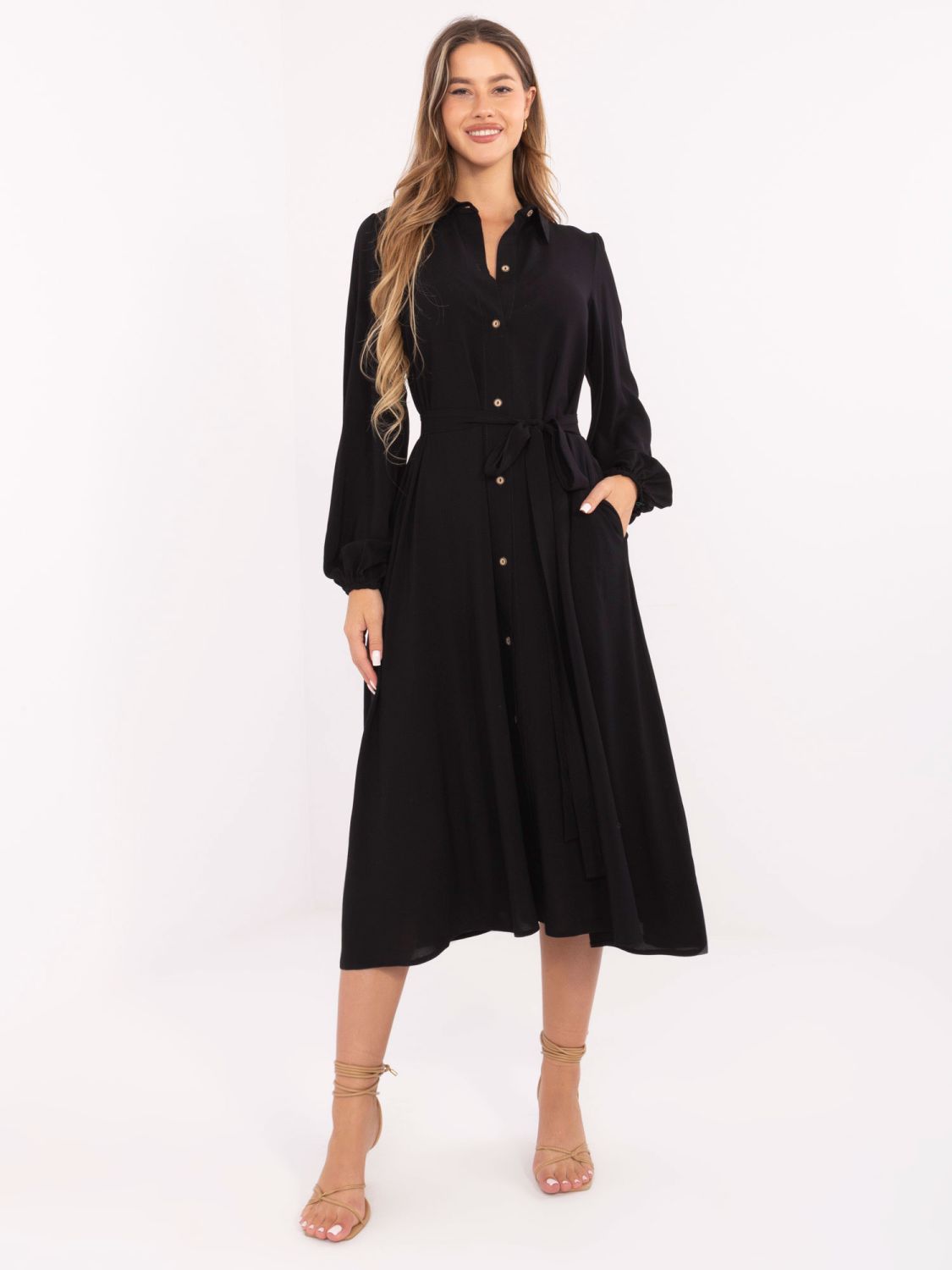 Elegant Black Midi Dress with Long Sleeves