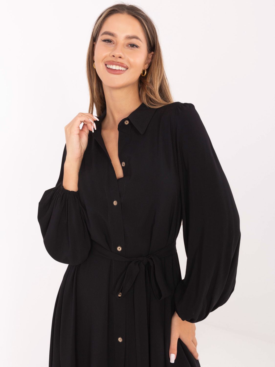 Elegant Black Midi Dress with Long Sleeves