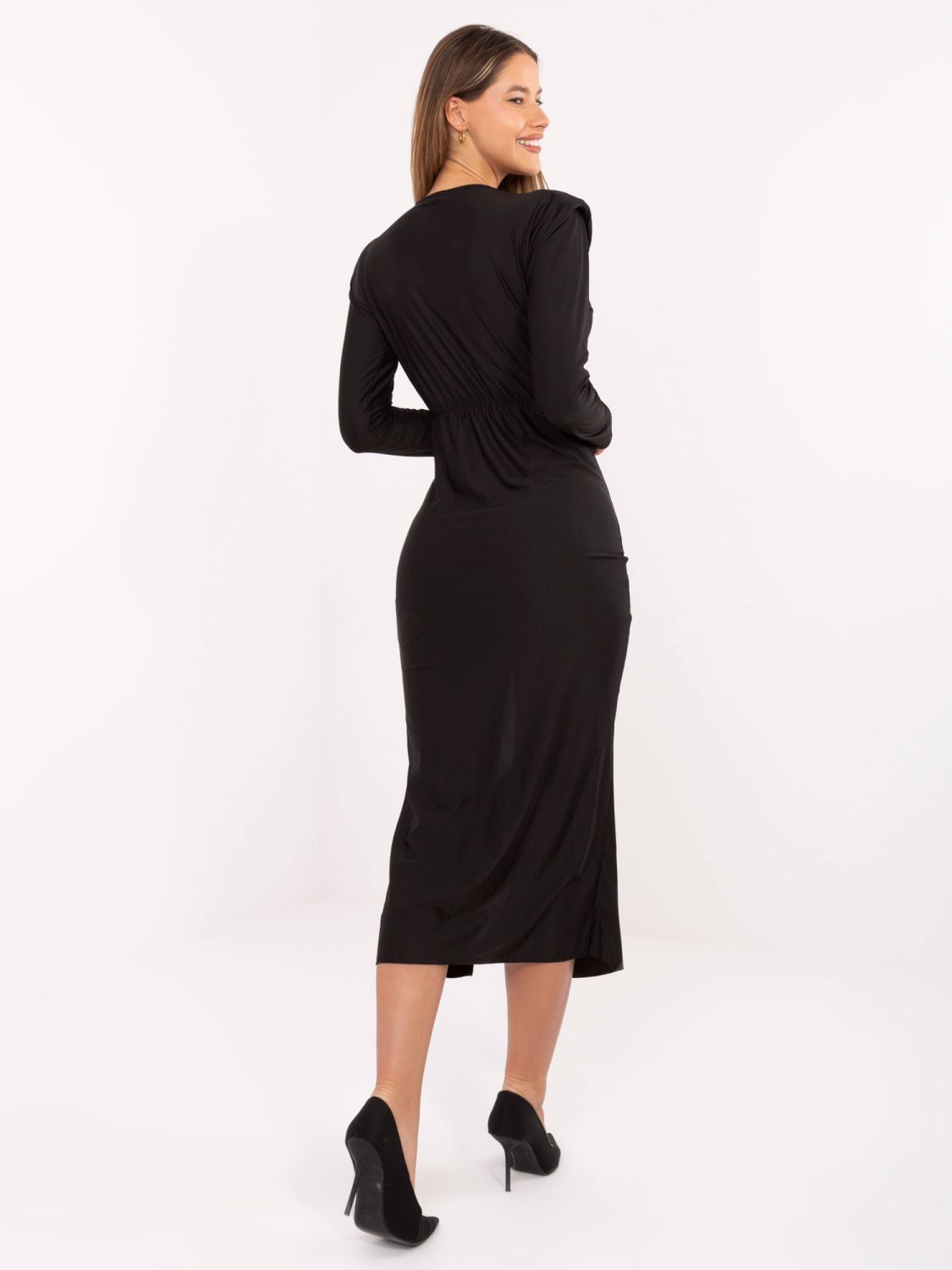 Black midi pencil dress with long sleeves and wrap neckline