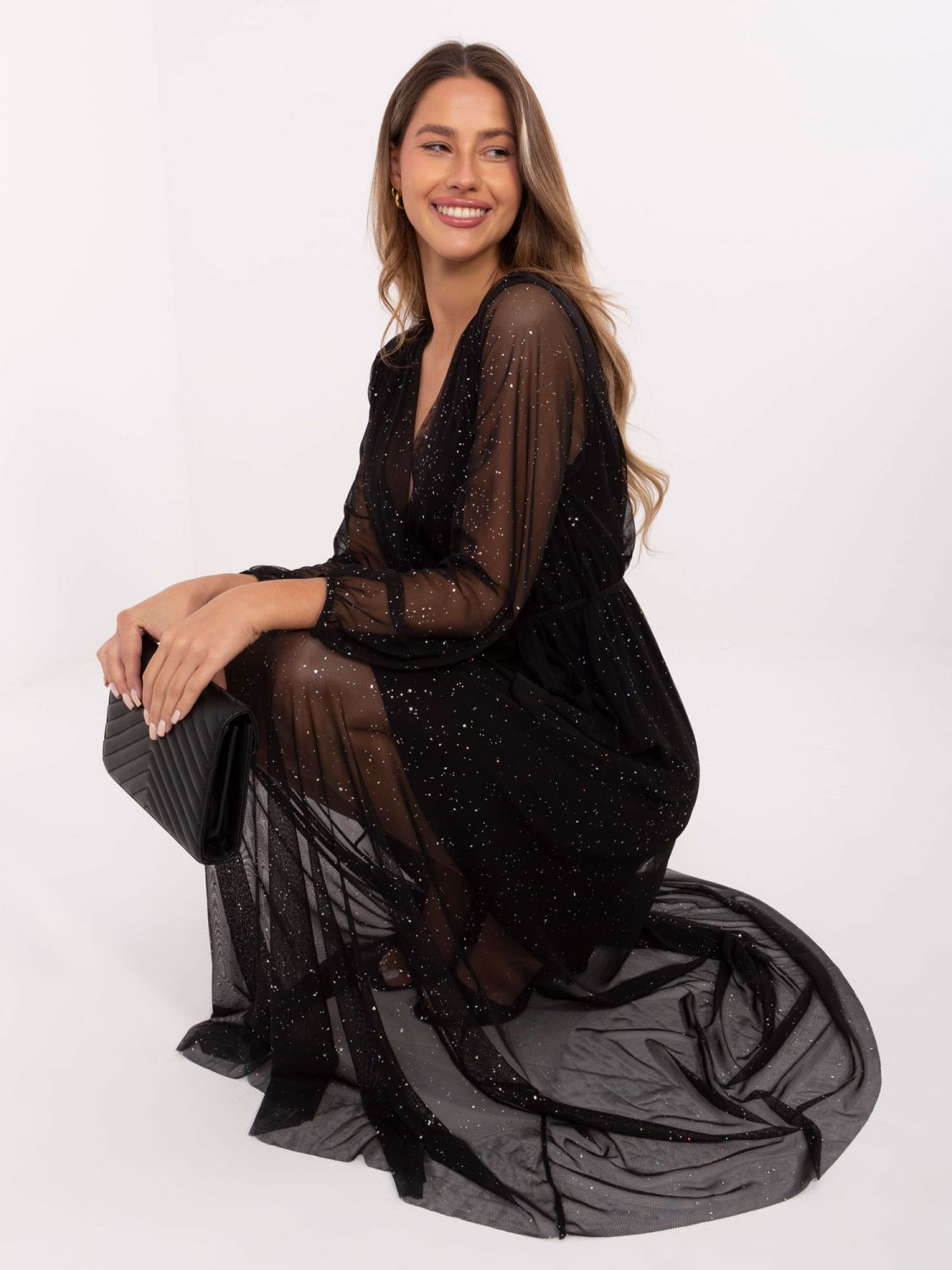 Black maxi dress with belt and applique