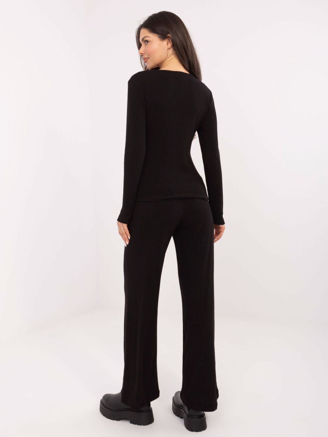 Black Wide Ribbed High-Waisted Trousers