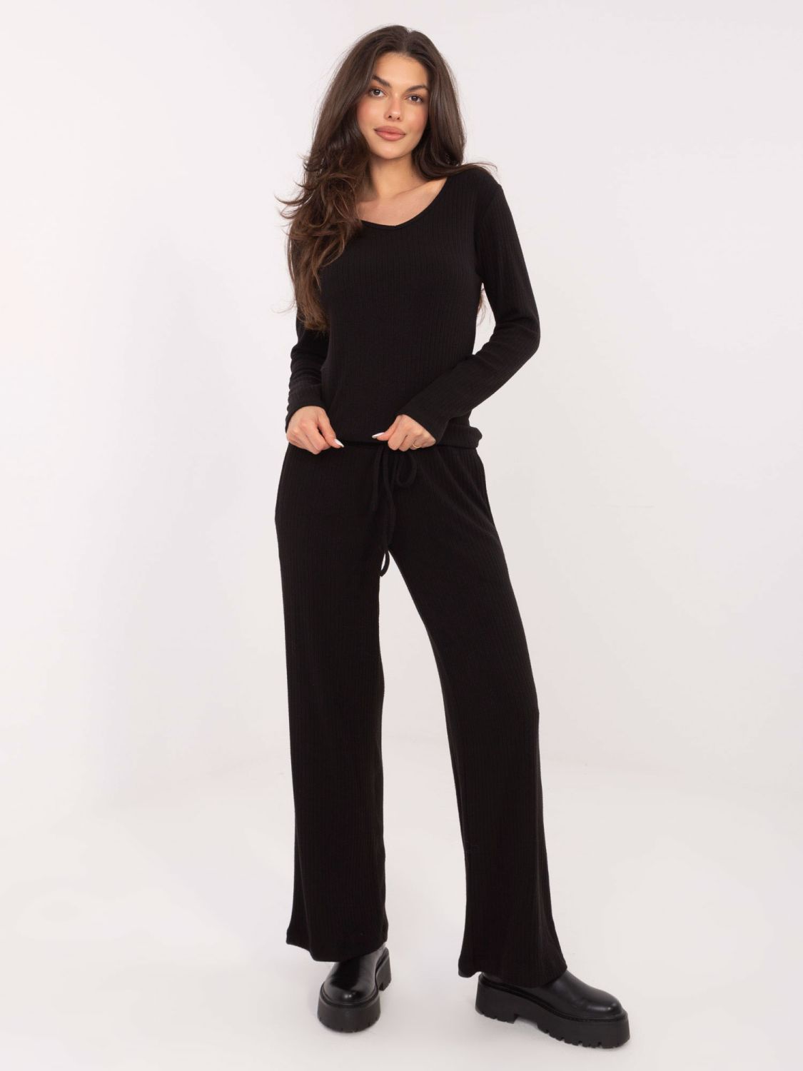 Black Wide Ribbed High-Waisted Trousers