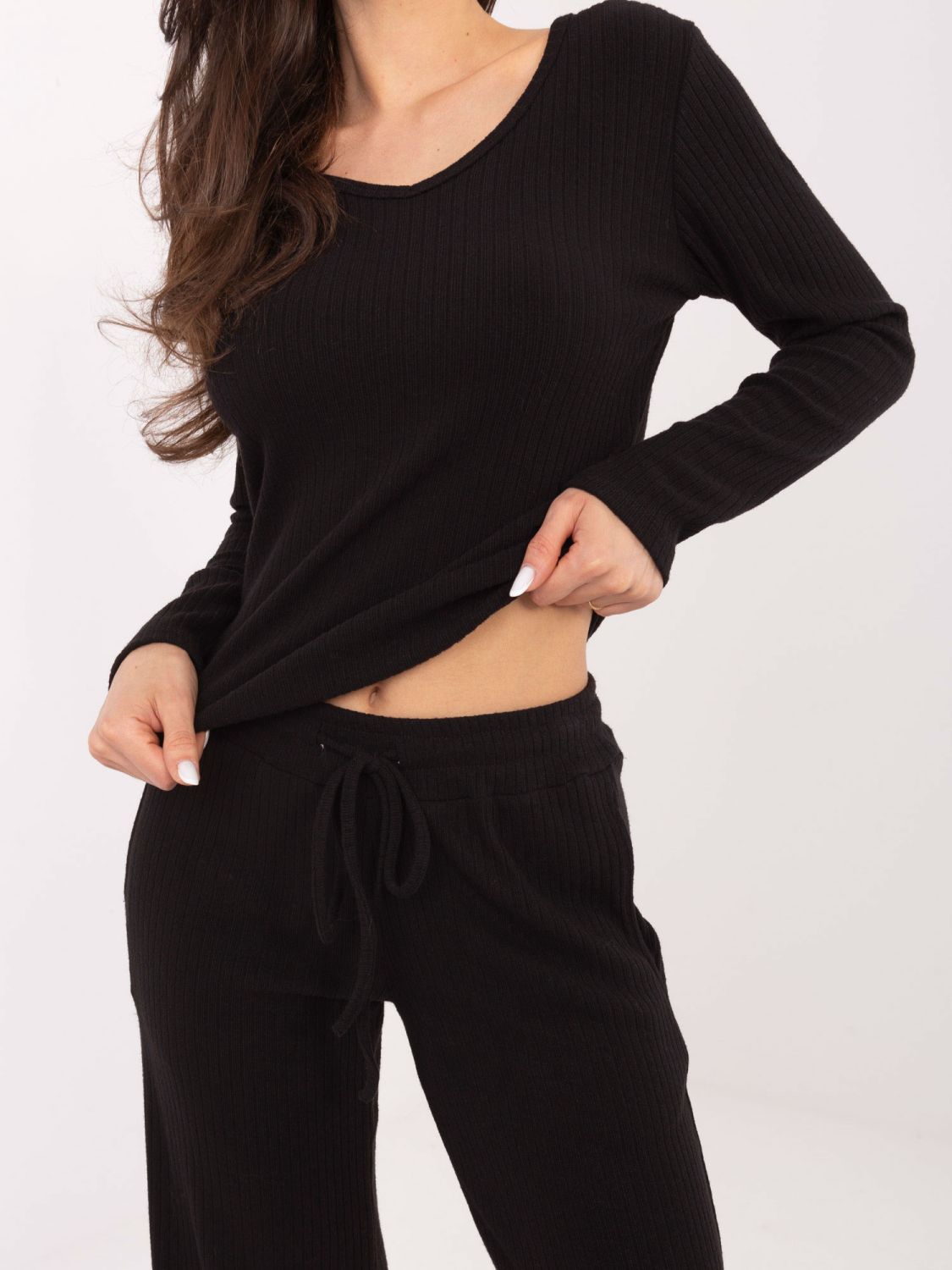 Black Wide Ribbed High-Waisted Trousers