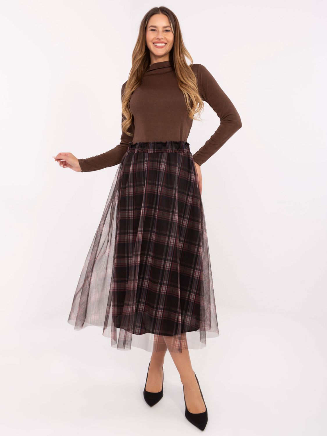 Black elegant tulle skirt with check pattern, midi