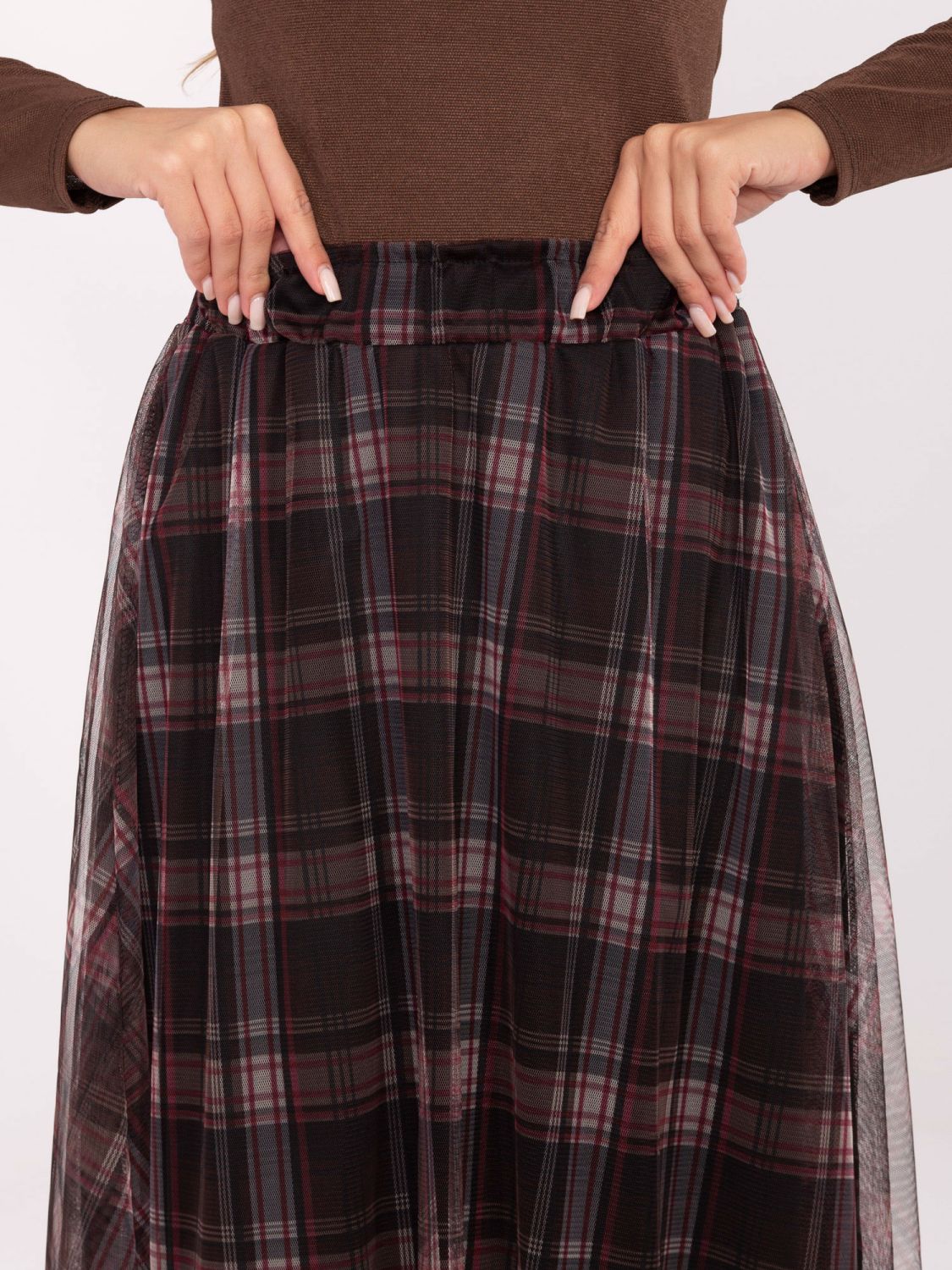 Black elegant tulle skirt with check pattern, midi