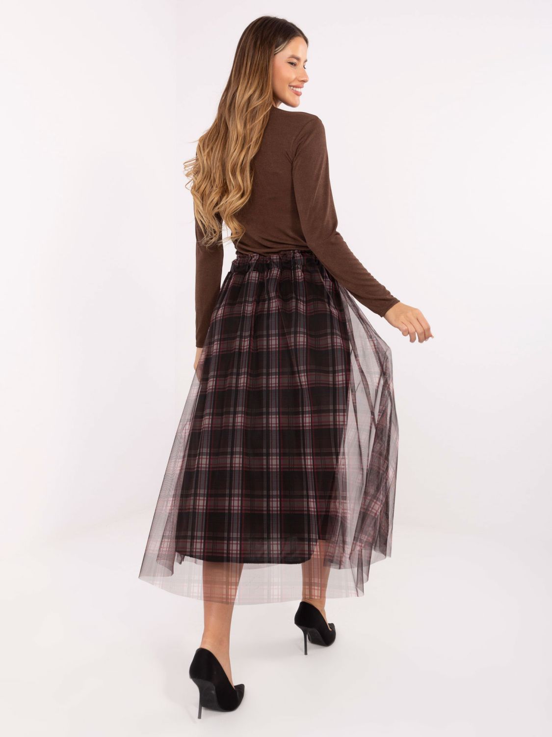 Black elegant tulle skirt with check pattern, midi