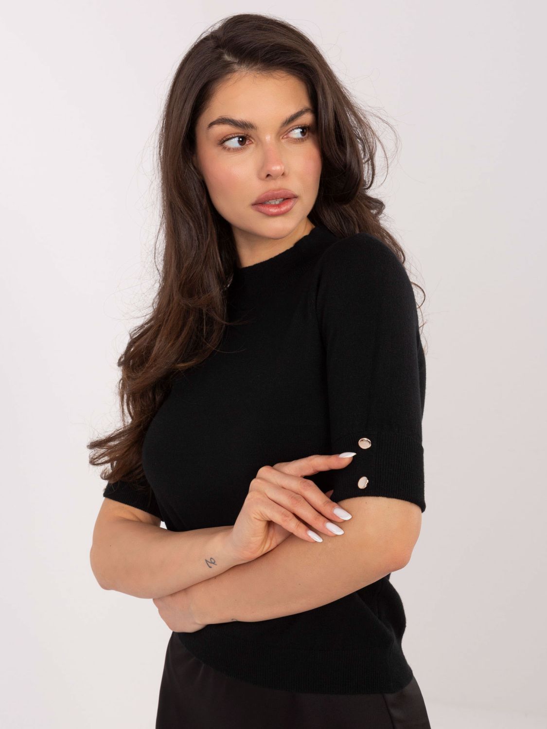 Elegant black pullover with mock neck and buttons