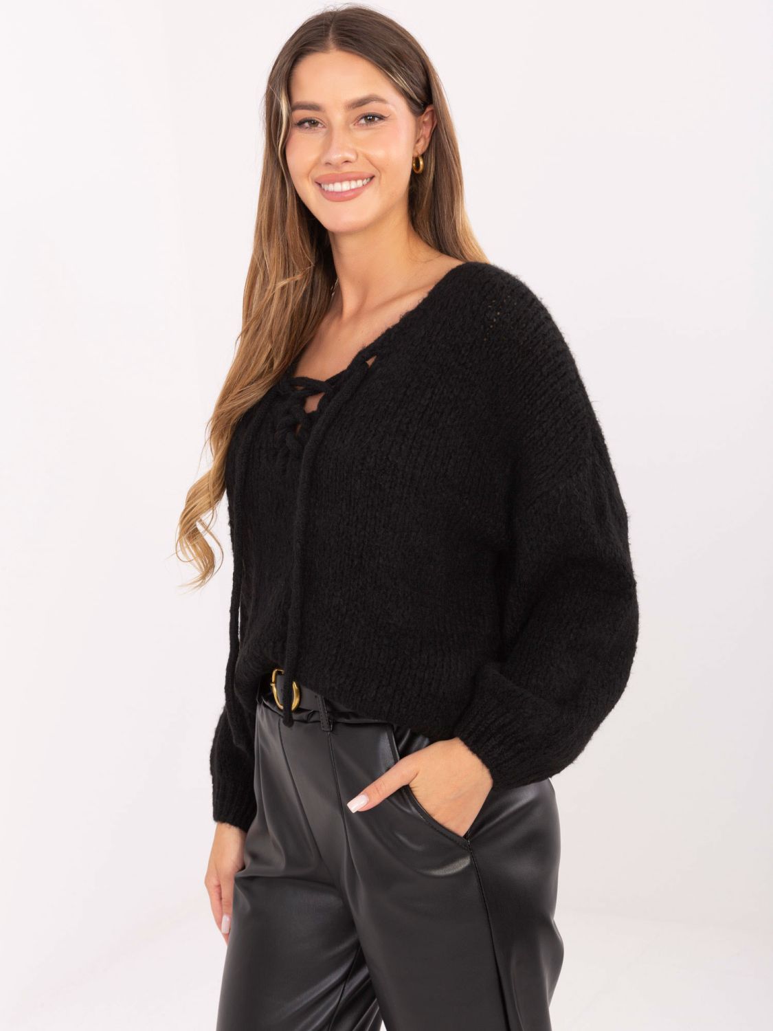 Black knitted sweater with lace-up neckline