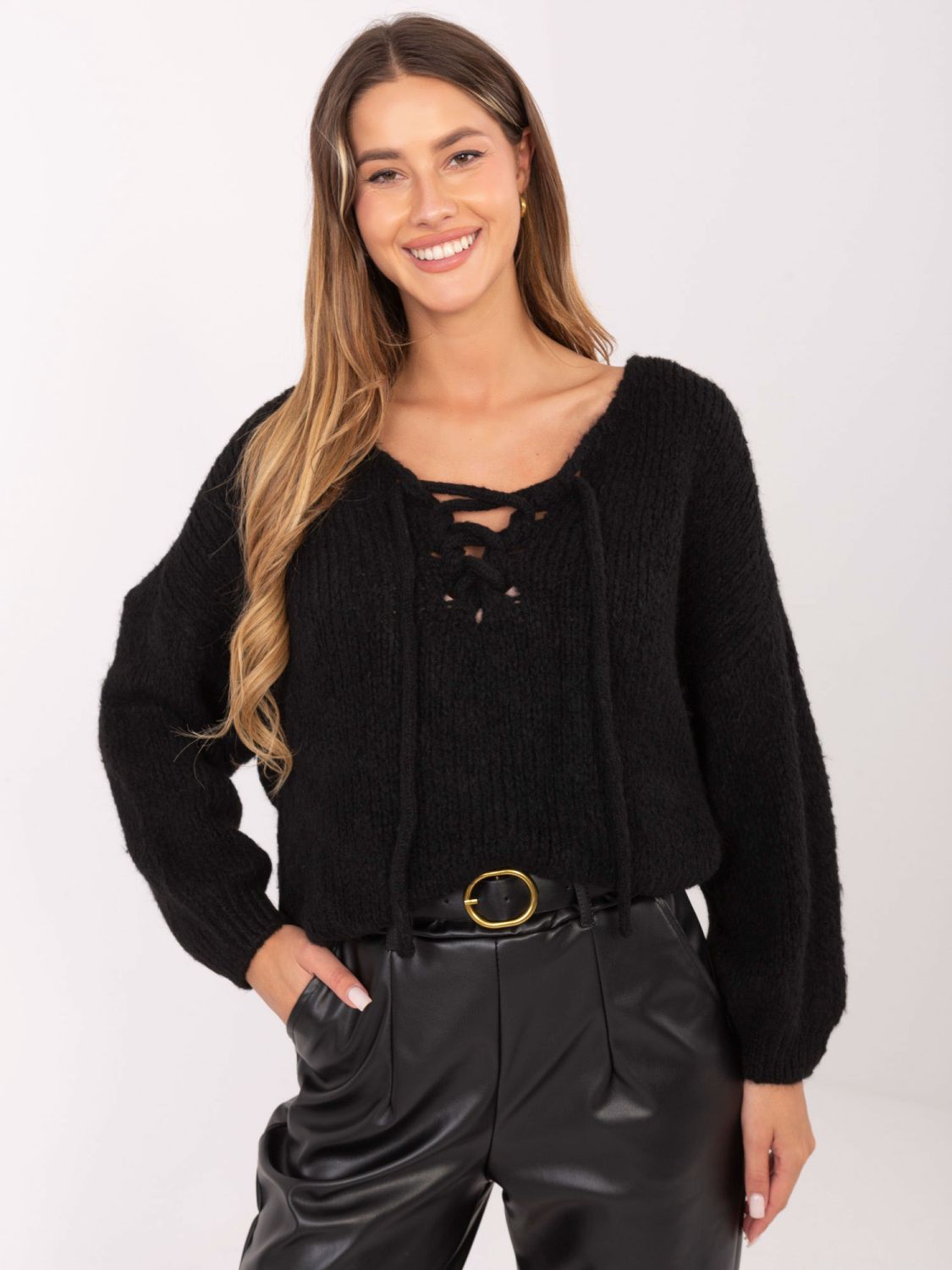 Black knitted sweater with lace-up neckline