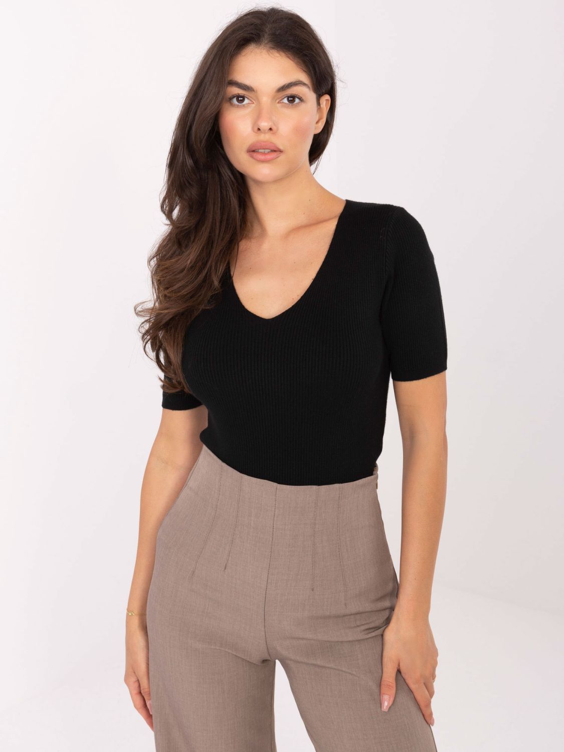 Black ribbed short-sleeve V-neck sweater